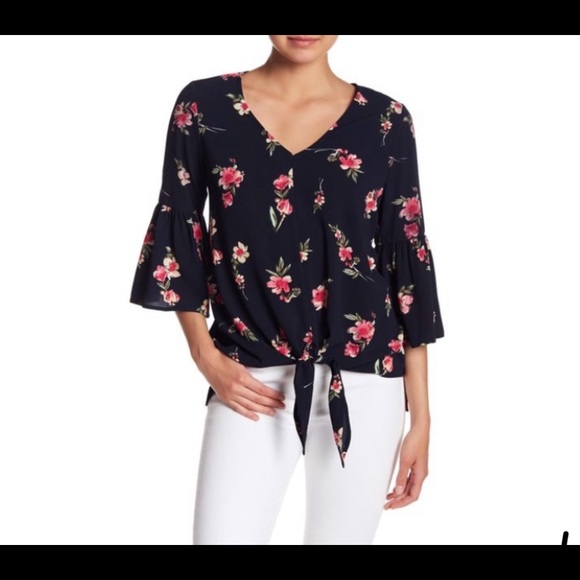 Pleione blouse M floral, bell sleeves tie waste - Picture 3 of 11